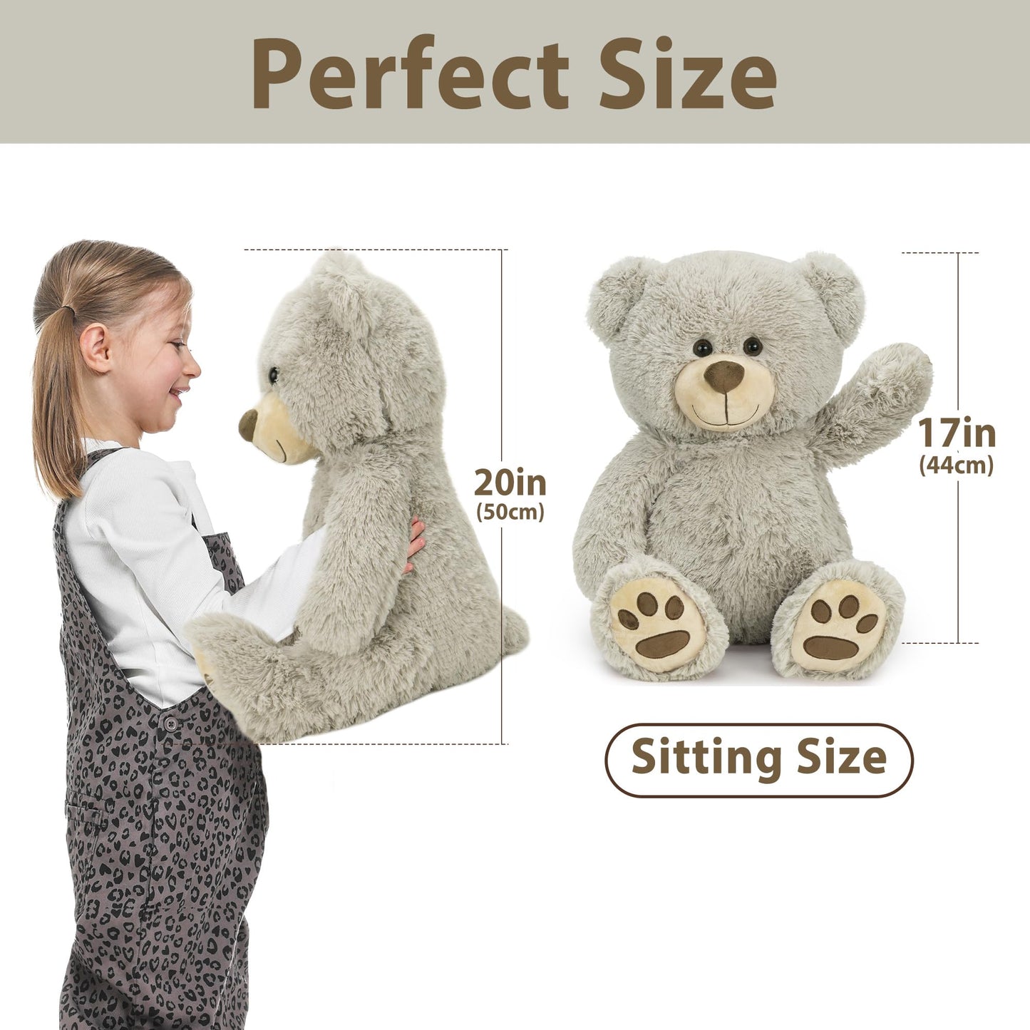 LotFancy 20 inch Gray Teddy Bear Plush Toy, Cute Footprints, Soft Stuffed Animal Gift for Kids, Baby Shower, Birthday, Christmas, Easter