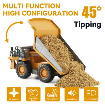 KIZJORYA Remote Control Dump Truck, RC Construction Vehicle for Kids with 9 Channel Metal Bed Light Sound & Rechargeable Battery