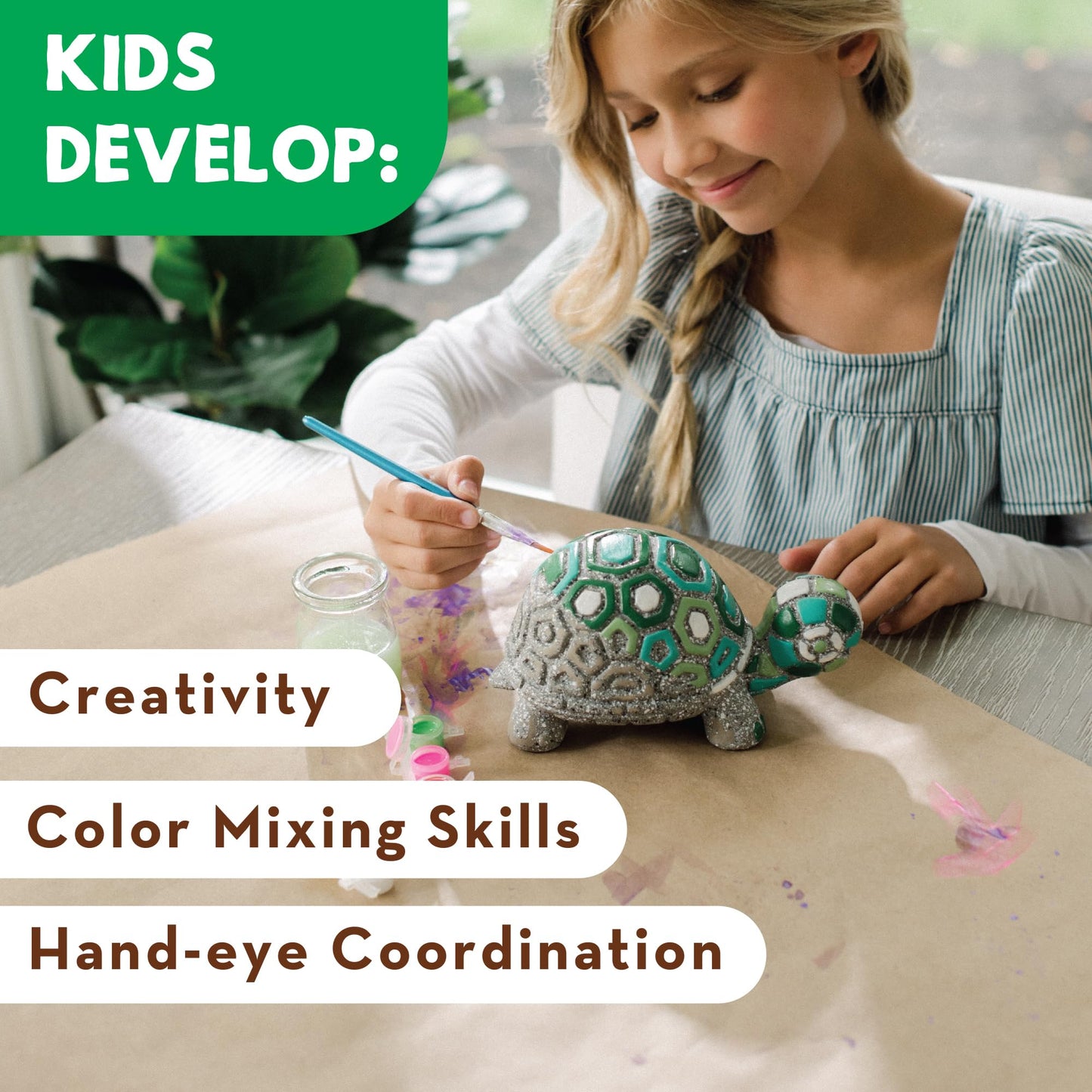 MindWare Paint Your Own Stone Decor: Box Turtle - DIY Craft Kit for Kids Includes Weather Resistant Stone, Paints and Brushes