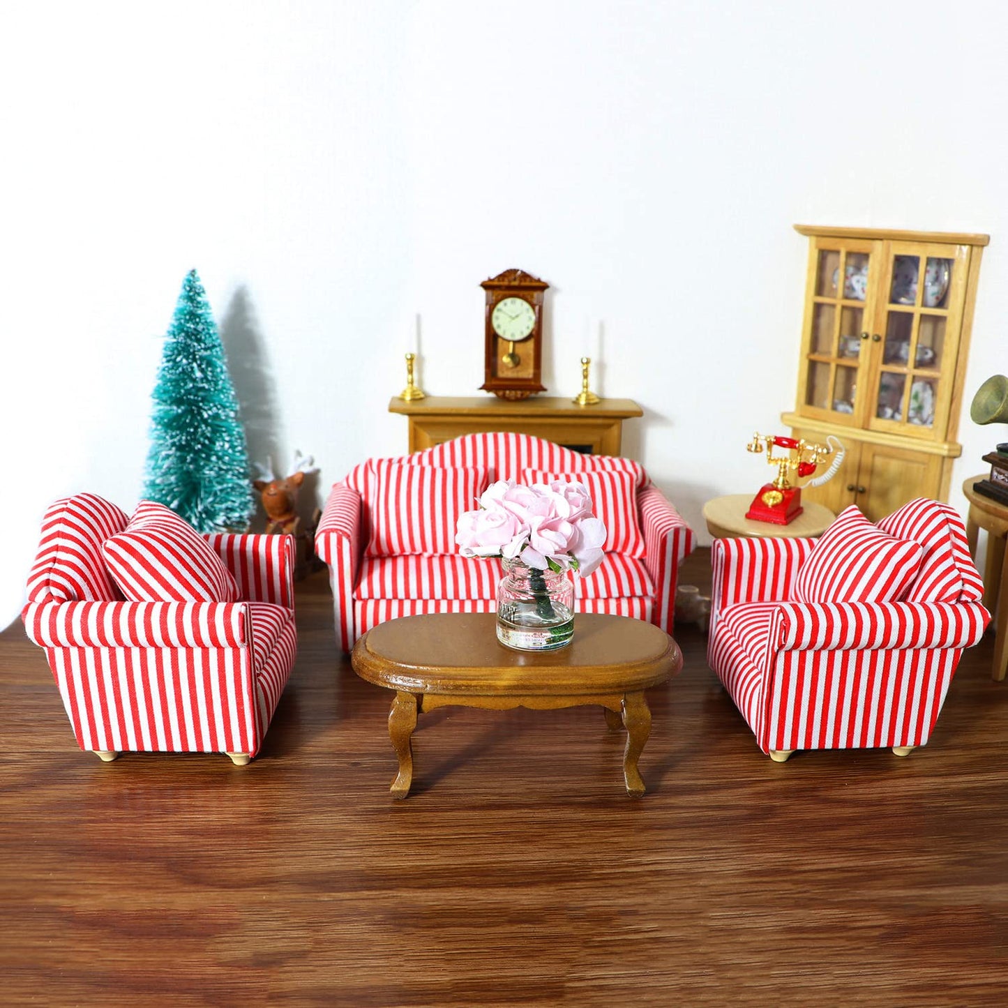 Dollhouse Couch With Pillow 1 12 Scale Miniature Sofa Arm Chair Living Room Furniture Wooden Fabric Frame Single Reading Chair Artificial House Room Scene Decoration (Stripe)