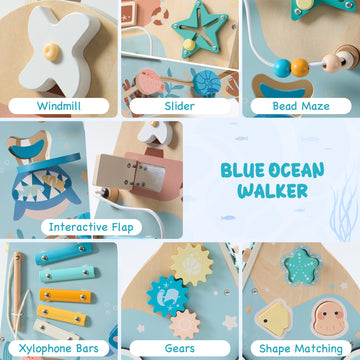 Robotime Wooden Baby Push Walker, Ocean-Themed Wooden Baby Walker With Wheels, Sit-To-Stand Activity Center, Push Toy For Toddle
