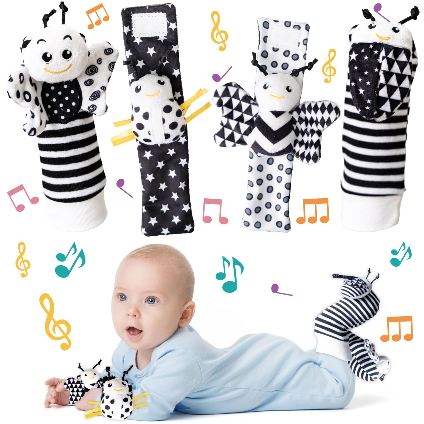 Infant Toys 0-6 Months, Newborn Baby Toys Rattle Socks | 4Pcs Wrist Rattles Foot Finders Sock Set - Newborn/Babies Essentials Mu