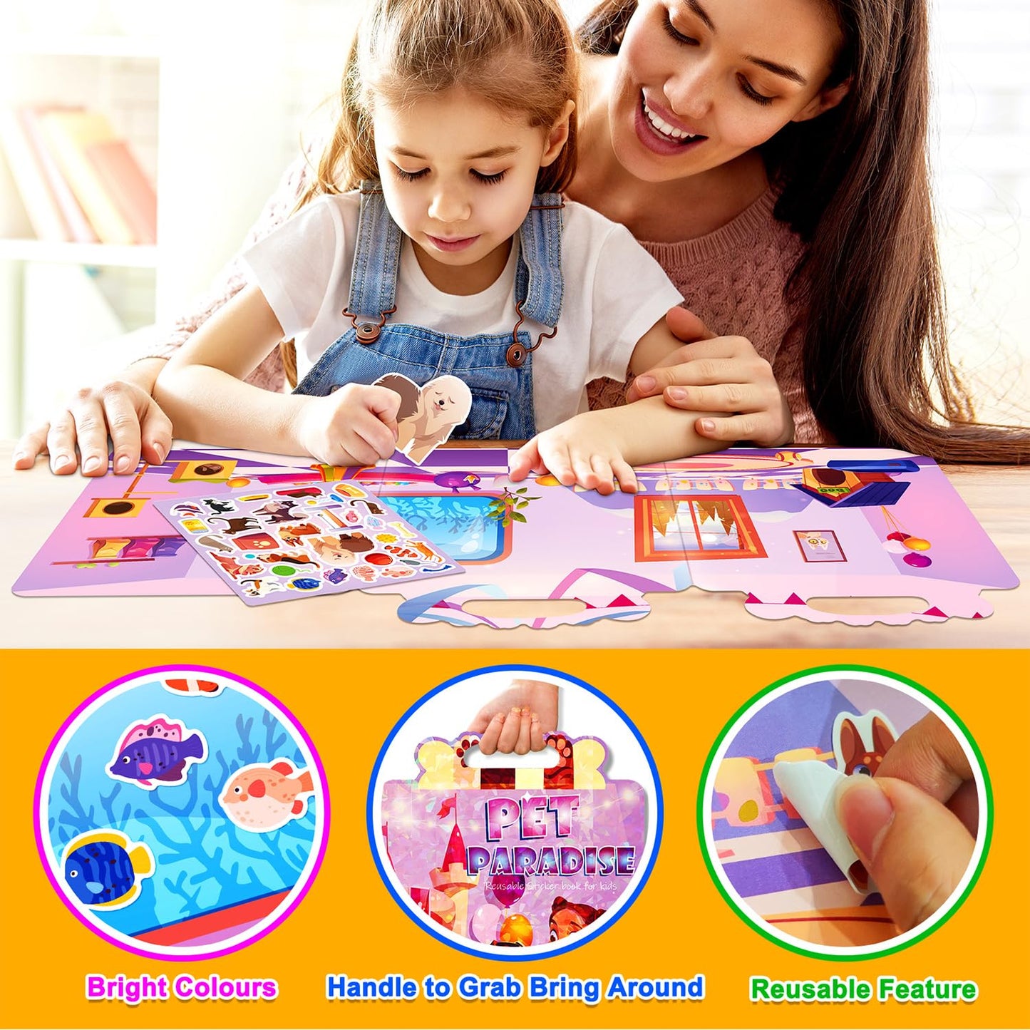 Reusable Sticker Books For Toddlers 2-4 Years, Sticker Books For Kids 1-3, Birthday Gifts For Kids Toddler Boys Girls Travel Toys (Pet Paradise)