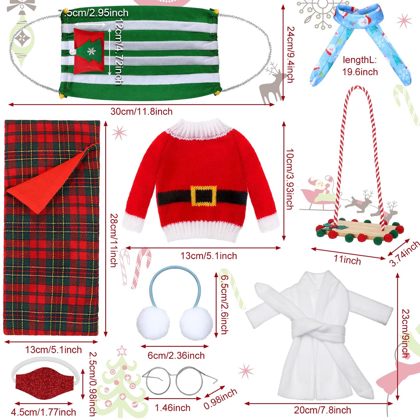 Aoriher 9 Pcs Christmas Elf Doll Accessories Set Includes Sleeping Bag Bathrobe Mask Ear Muffs Scarf Glasses Hammock Sweater (Santa)
