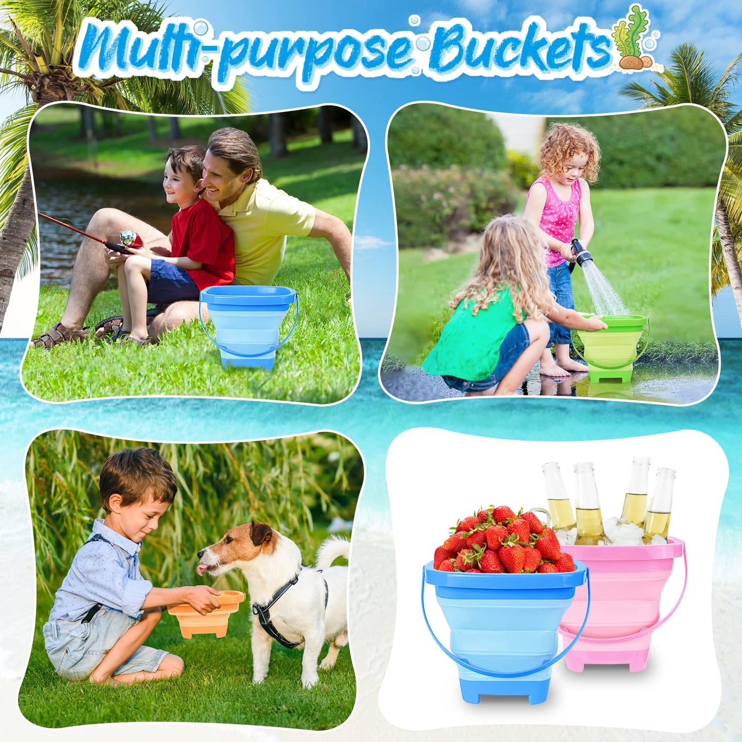 RACPNEL Collapsible Beach Buckets & Beach Toys for Kids, Foldable Sand Bucket and Shovels Set with Mesh Bag & Sand Molds, Silico
