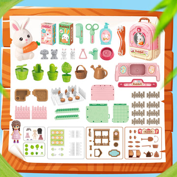 Smilesskiddo Pet Carrier Backpack Toy, 3 In 1 Care Playset, Pretend Play Accessories & Hair Dryer Toy, Rabbit Role Play Set For