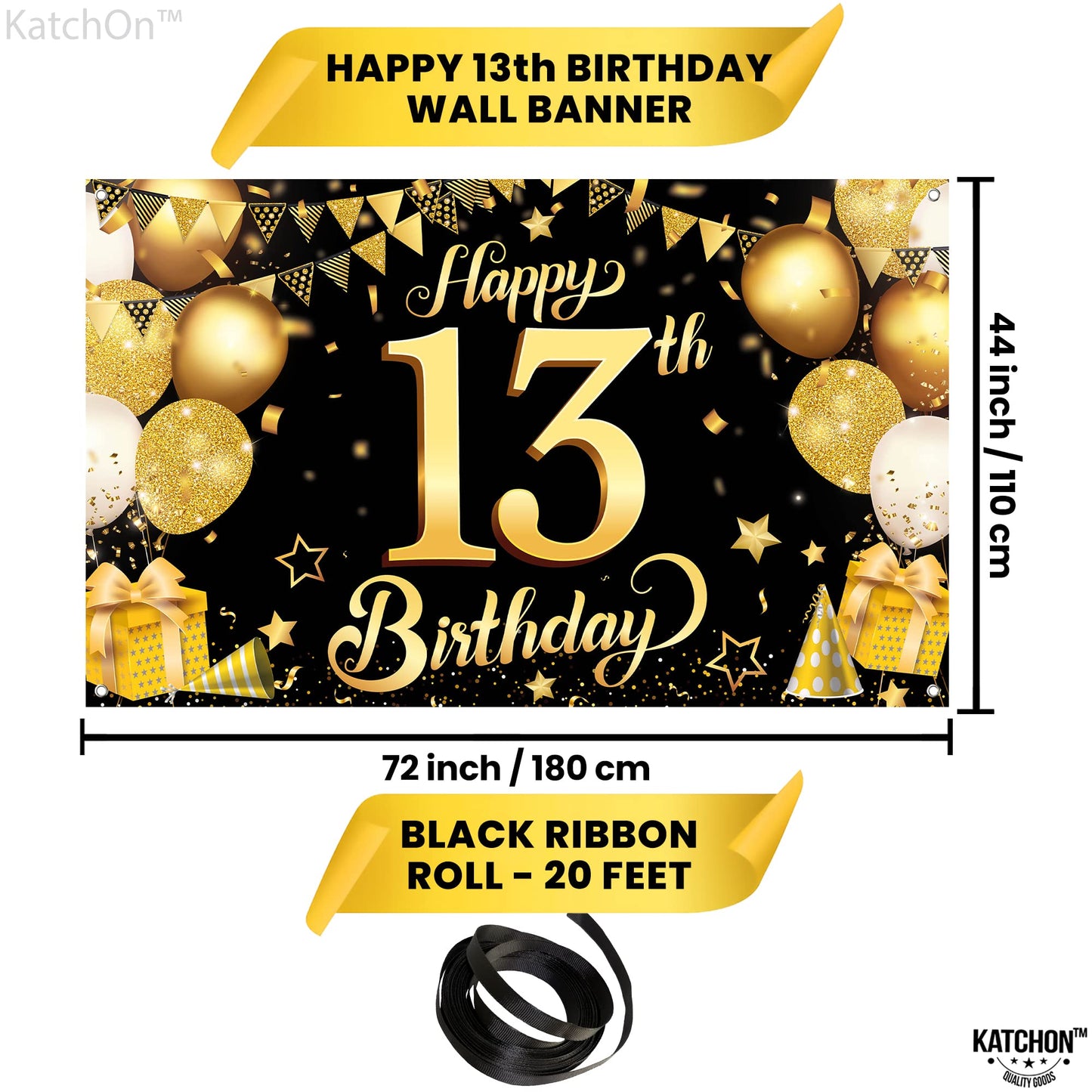 Katchon, Happy 13Th Birthday Banner Black And Gold - Xtralarge, 72X44 Inch | 13Th Happy Birthday Backdrop, Happy 13Th Birthday Banner | 13Th Birthday Decorations For Boys | 13 Birthday Decorations