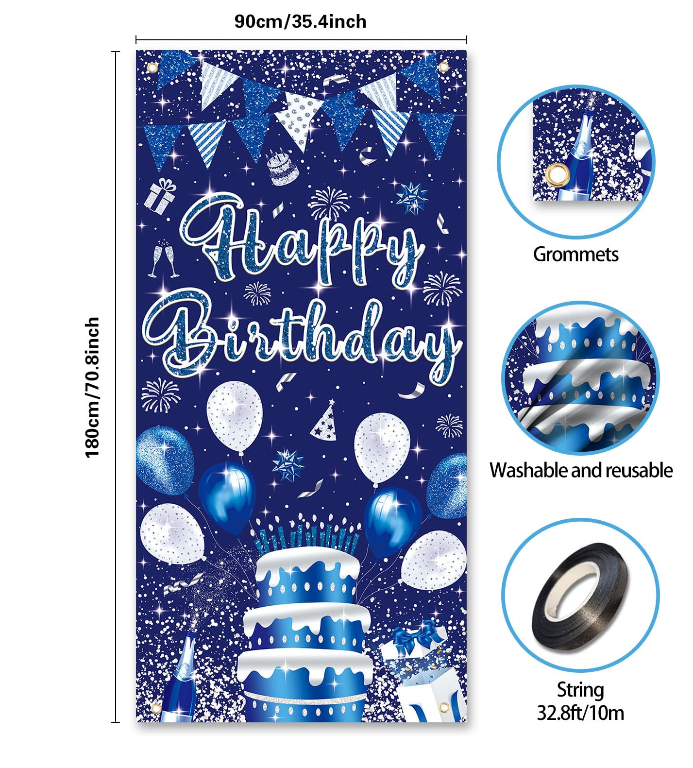 Gya 3X6Ft Blue Silver Birthday Door Banner Navy Blue Glitter Sequin Happy Birthday Background Cake Balloons Gifts Backdrops Kids