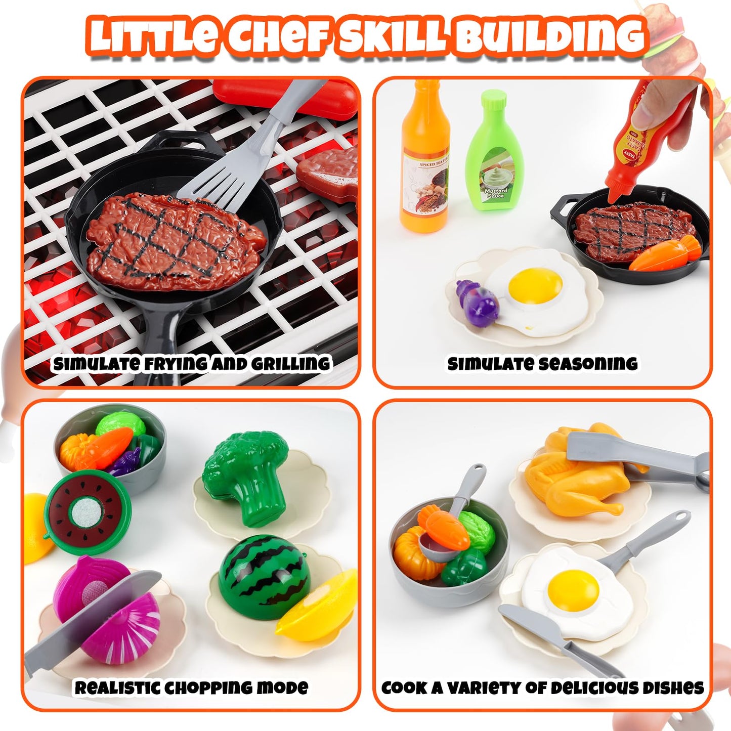 68 Pcs Toy Bbq Grill Set For Kids, With Light, Sound & Play Food, Kids Grill Playset Kitchen Toys Set, Birthday Gifts For 2-6 Ye