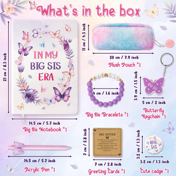 Cy2Side Big Sister Gifts For Girls, 7Pcs In My Big Sis Era Announcement Set Include Butterfly Notebook Pen Plush Pouch Keychain