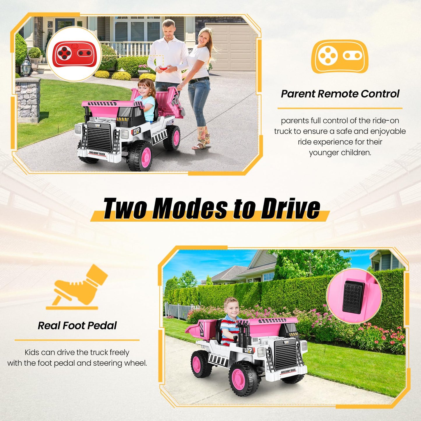 Hikole Kids Ride On Dump Truck With Remote Control, 4Wd Dump Truck With 12V 7Ah Battery, Electric Dump Bed,Shovel, Bluetooth, Music Player, Electric Cars For Girls, White & Pink