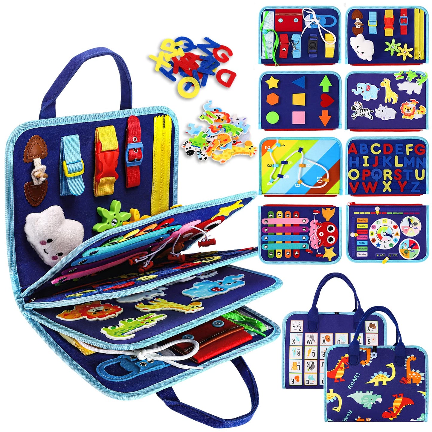 Esjay Toddler Busy Board Montessori Toys, Sensory Board Educational Activities For Learning Fine Motor Skills, Gifts For Girls Boys Toddlers, Travel Toys For Airplane Car,Blue Dinosaur