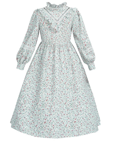 Fccam Prairie Colonial Dress Girls Long Sleeve Pioneer Dress Costume Floral Pioneer Girl Laura Ingalls Wilder Green M