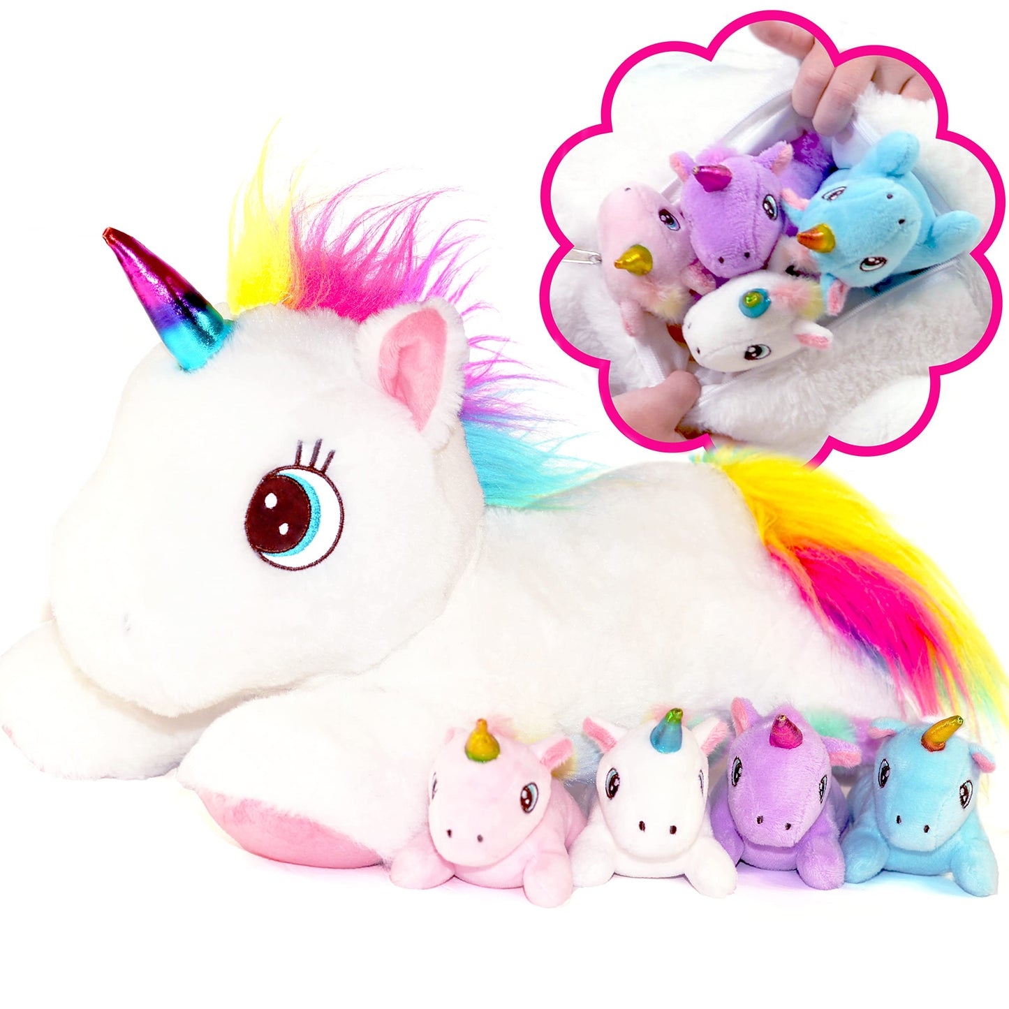 Dreamsbe Unicorn Stuffed Animal With Mommy And 4 Baby Unicorns For Girls - Plush Mom Unicorn Stuffie With Pocket For Babies In H