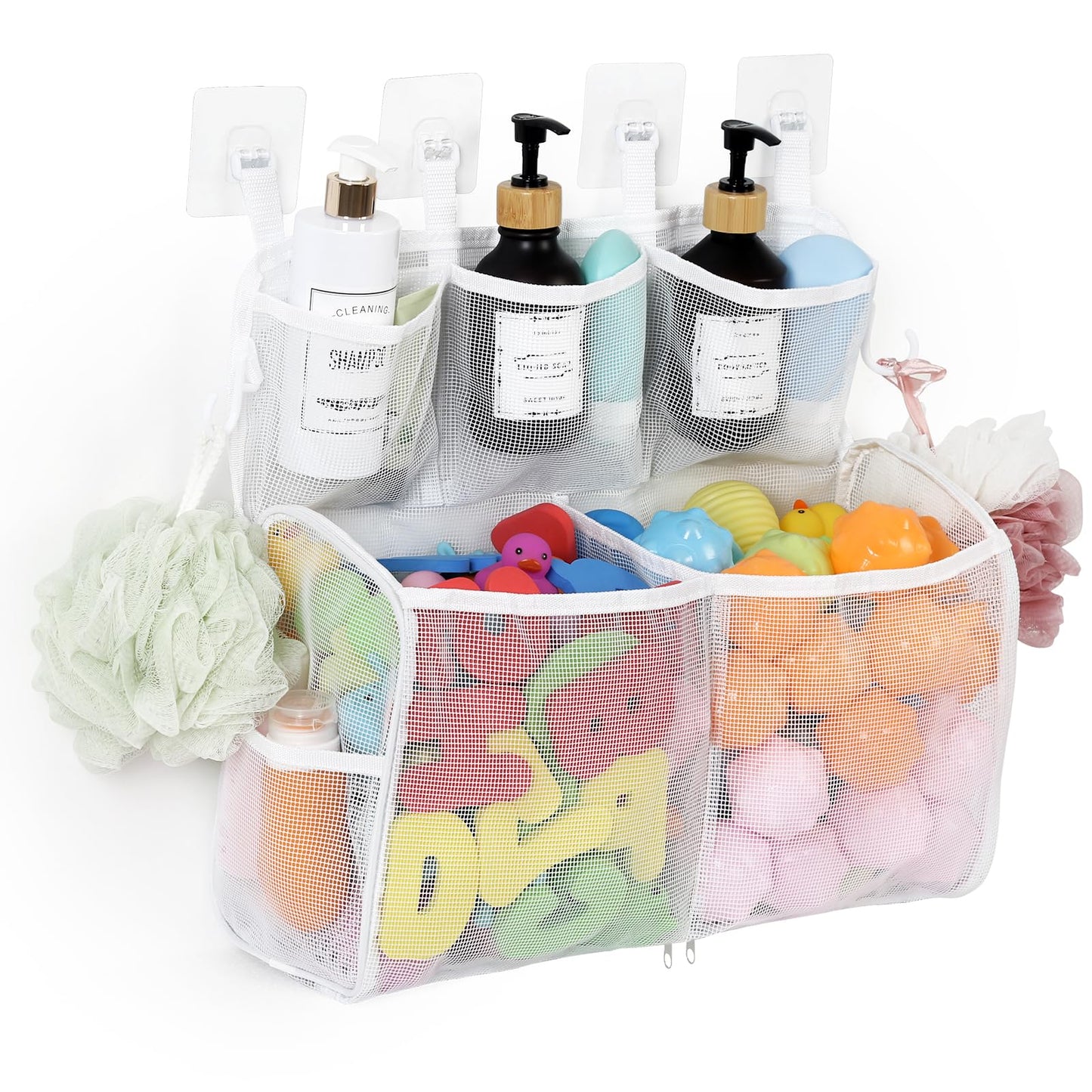 Docmon Bath Toy Storage, 2 Layers Large Capacity Bath Toy Holder, Quick Release Bathtub Toy Storage With Buttom Zipper, Mesh Sho