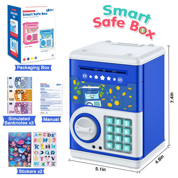 Dark Blue Piggy Bank For Kids With Password Code Lock And Auto Grab Bill Slot, Philaeec Real Money Cash Coin Can Saving Box Elec