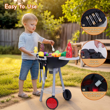 ITEFDTUTNE 35 PCS Cooking Toy Set, Kids Kitchen Toy, BBQ Grill Playset with Pretend Smoke, Outdoor Interactive Cooking Game Gift
