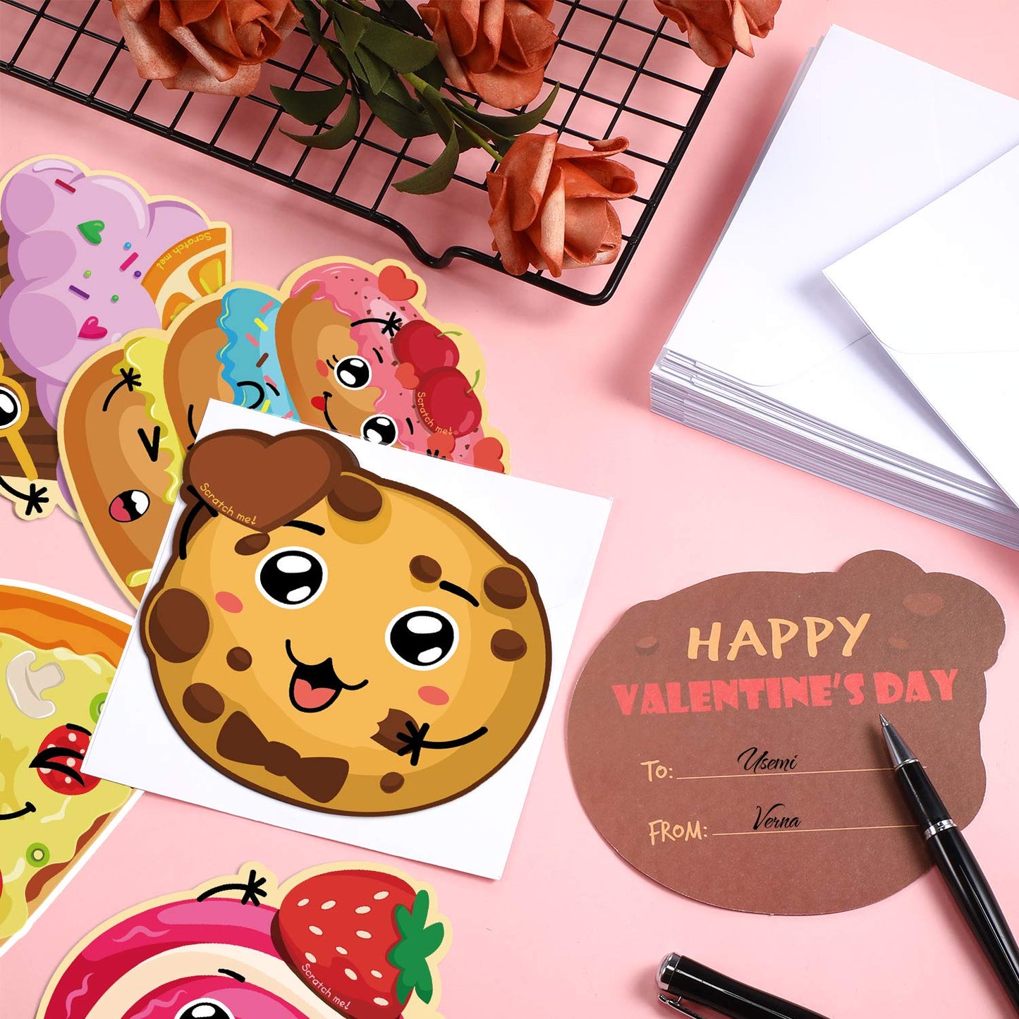 40 Pieces Valentines Day Cards for Kids Valentines Scratch and Sniff Cards for Classroom, 8 Unique Patterns and Scents Exchange