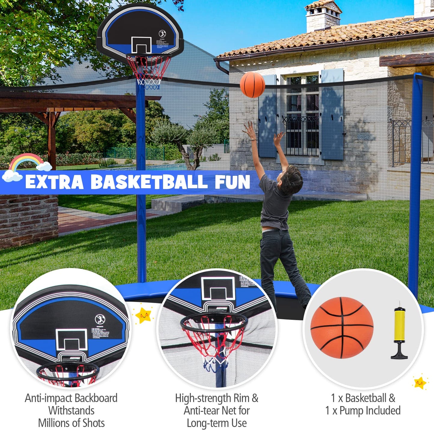 Gymax Trampoline For Kids, 12Ft 14Ft 15Ft 16Ft Trampoline With Enclosure Net, Basketball Hoop, Basketball & Pump, Rebounder Tram