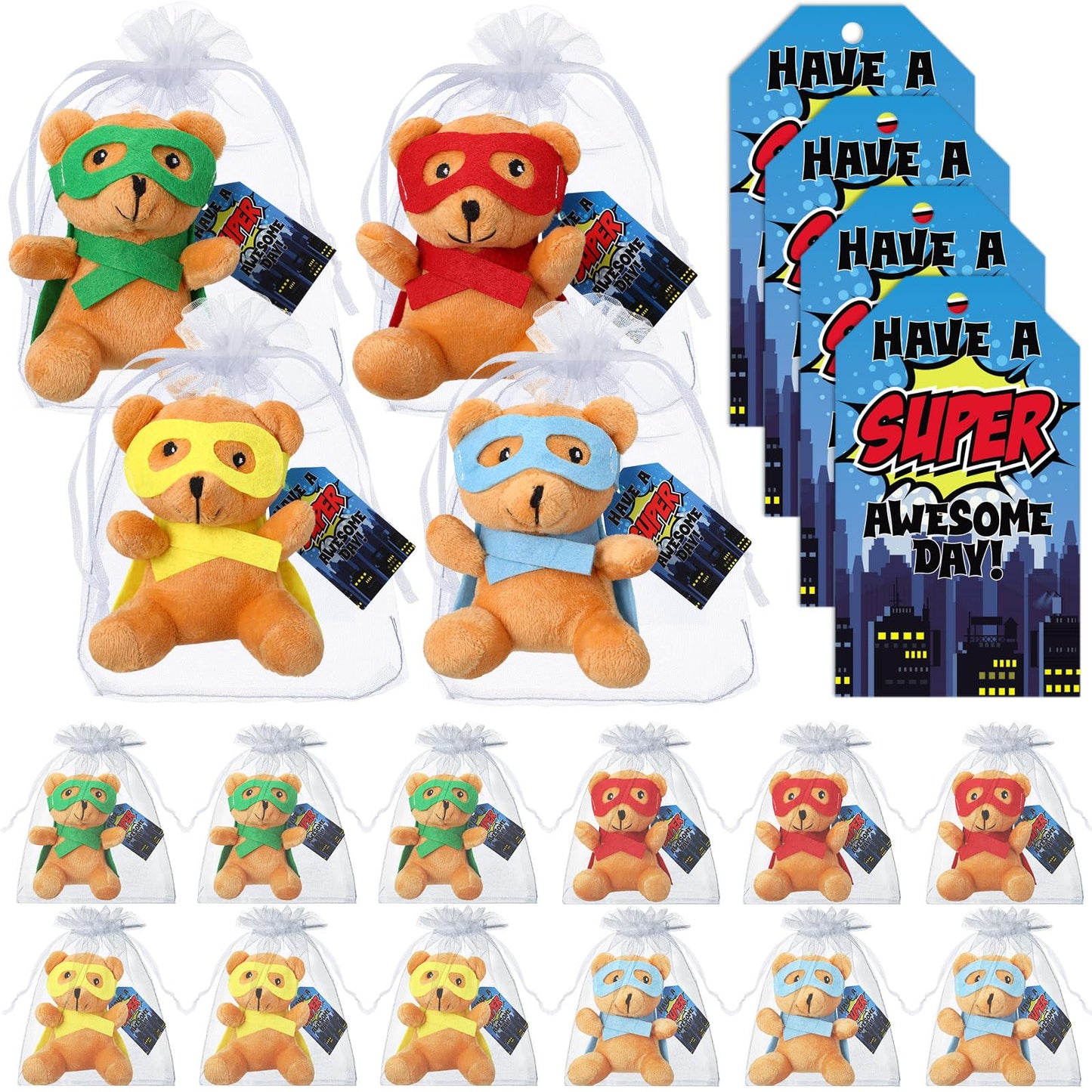 Silipull 12 Pcs Hero Party Favors Hero Stuffed Animal Bears with Tie Dye Card Back to School Gifts for Student Small Toys 4 Plus
