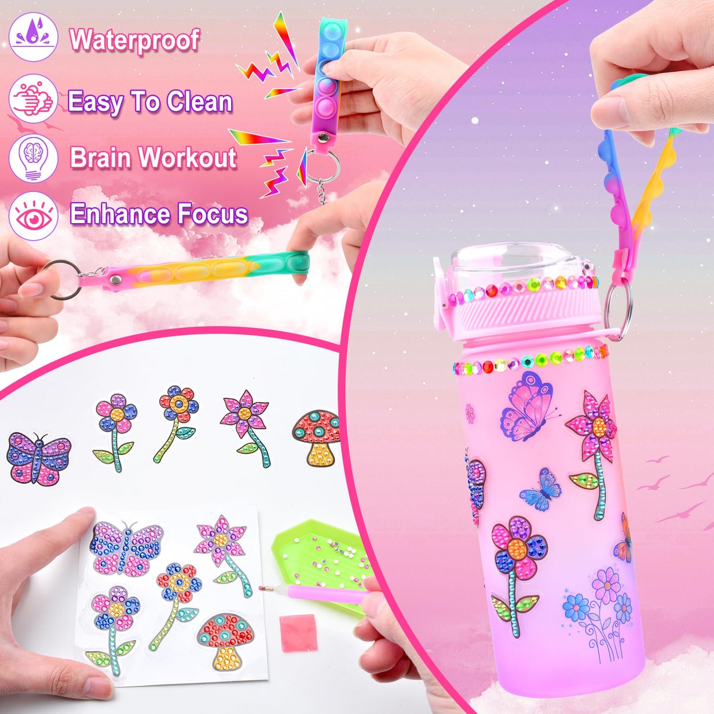 ASIOWELY Decorate Your Own Water Bottle Kits for Girls Age 4-12, Butterfly Flower Diamond Painting Art and Crafts Gift for Boys