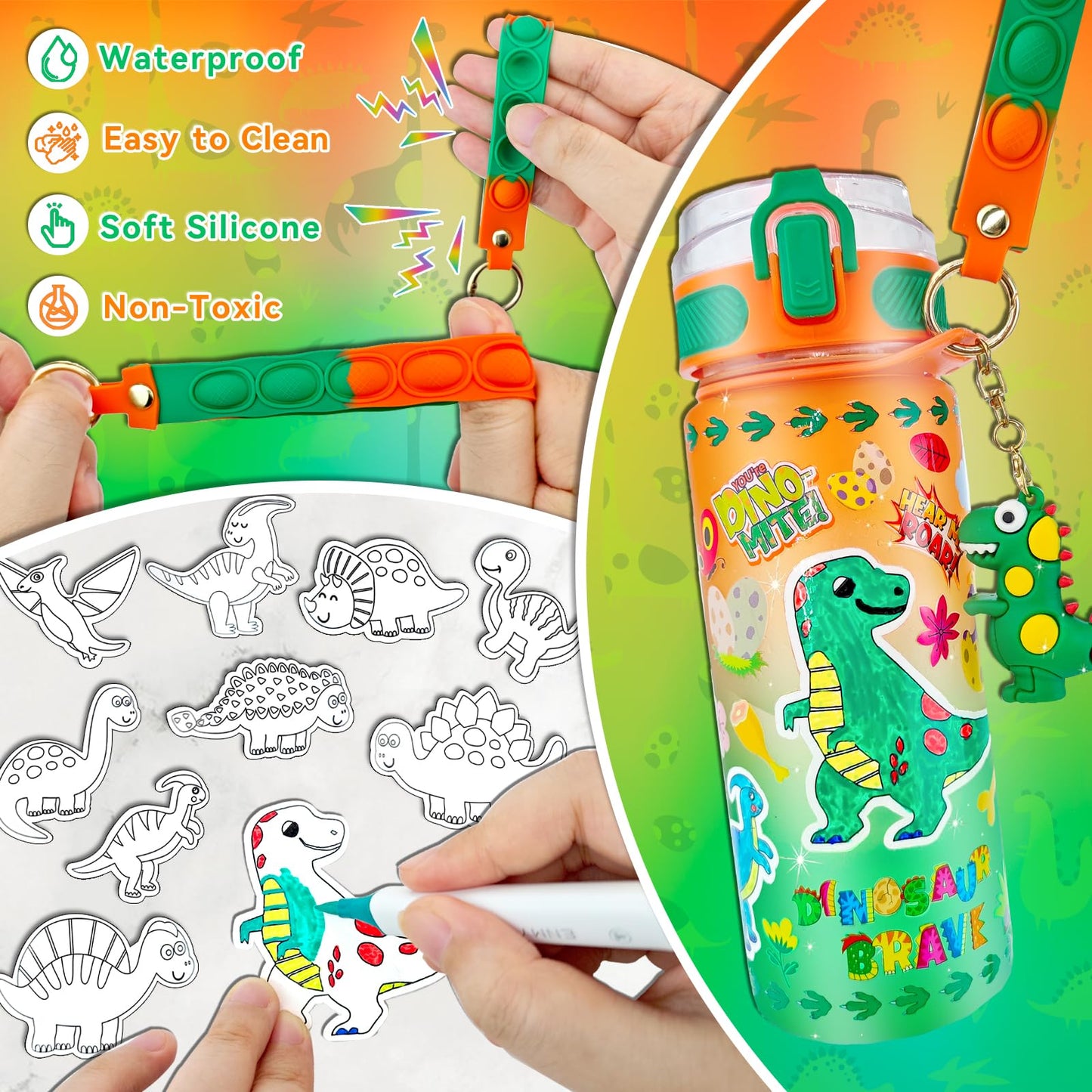 EDSPORTSHOUSE Decorate Your Own Water Bottle Kits for Boys Age 5-12,Dinosaur Painting Crafts,Fun Arts and Crafts Toys for Boys B