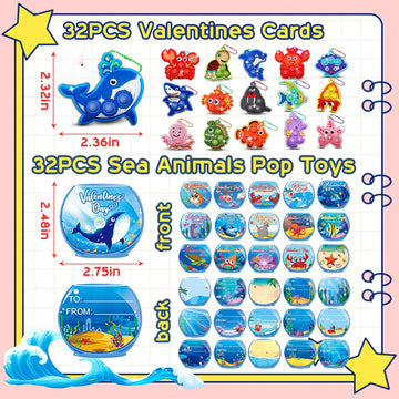 32 Pcs Valentines Day Gifts For Kids,Valentines Cards For Kids Classroom With Sea Animal Pop Fidget Toys,Valentines Exchange Gif