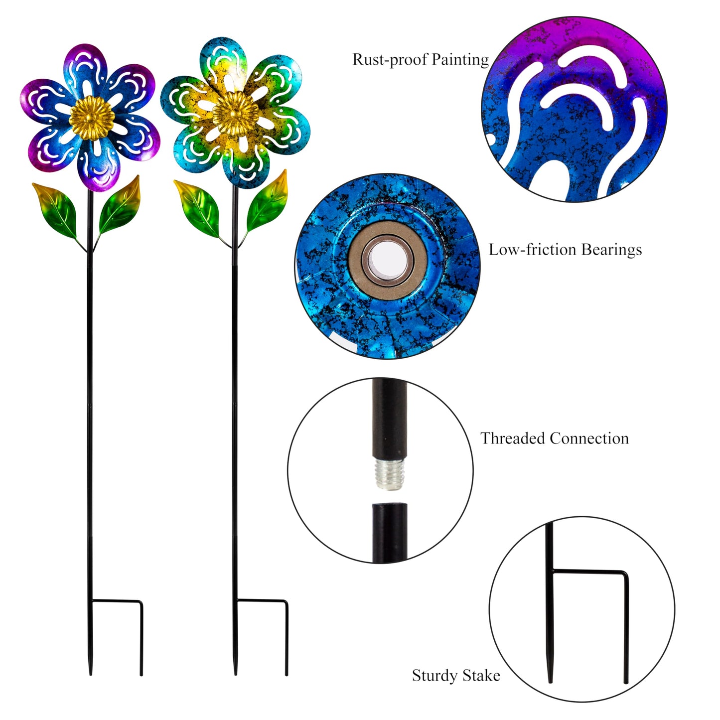 Viveta 2 Pack Wind Spinners,Flower Garden Sculpture, Metal Windmill, Green And Purple Pinwheels For Yard Lawn Patio Decor