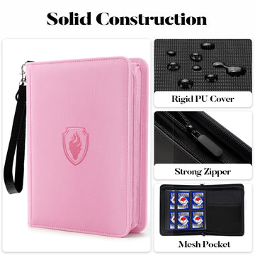 Fabmaker enhanced 4 Pocket Zip Card Binder Trading Card Binder for 320 Cards Portable PU Card Collection Binder Collector Card Album Folder for MTG TCG Sports Cards Game Cards (Pink)