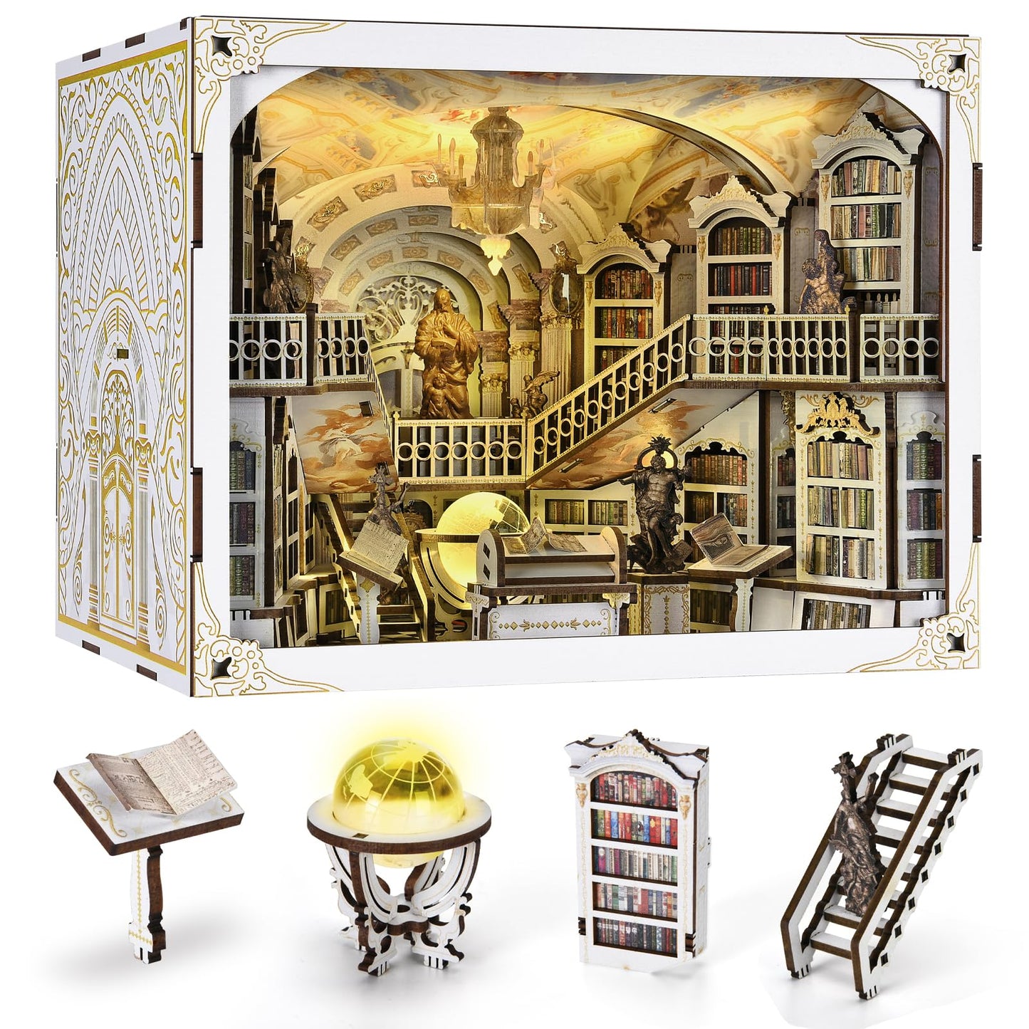 Minicity Diy Book Nook Kit For Adults, 3D Wooden Puzzle Bookend Bookshelf Insert Decor With Led Light And Dust Cover (Library Of