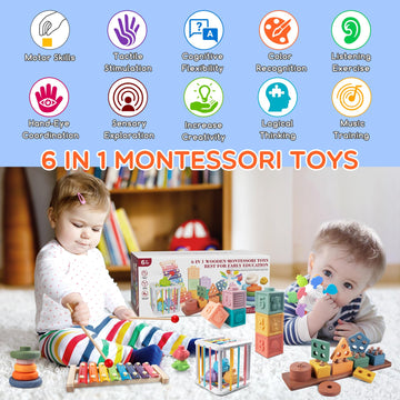 Montessori Baby Toys For 1+ Year Old - Sorting Stacking Learning Toys 6 To 12 Months, Wooden Building Blocks, Xylophone Musical,