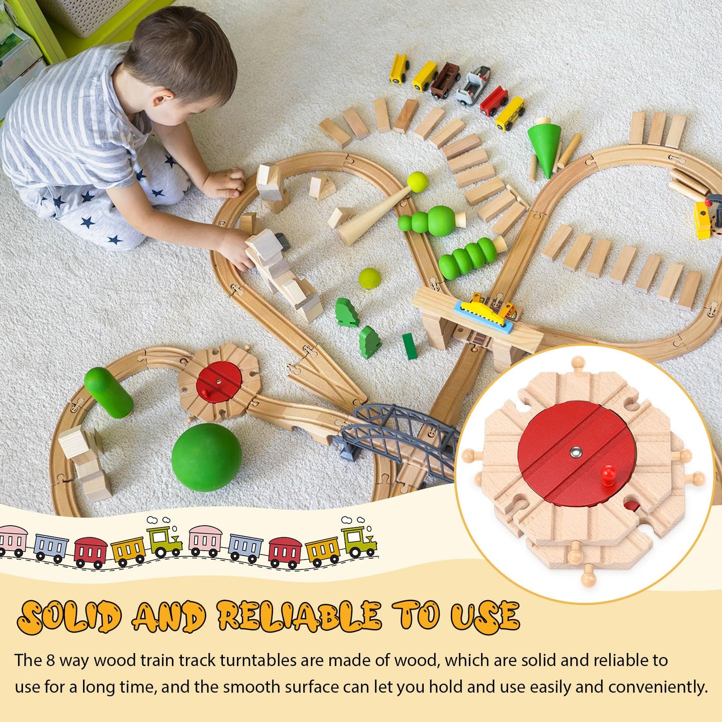 Syhood 2 Pieces Wooden Train Track Expansion Packs Wooden Train Accessories 8 Way Wood Track Turntables Compatible with Most Tra