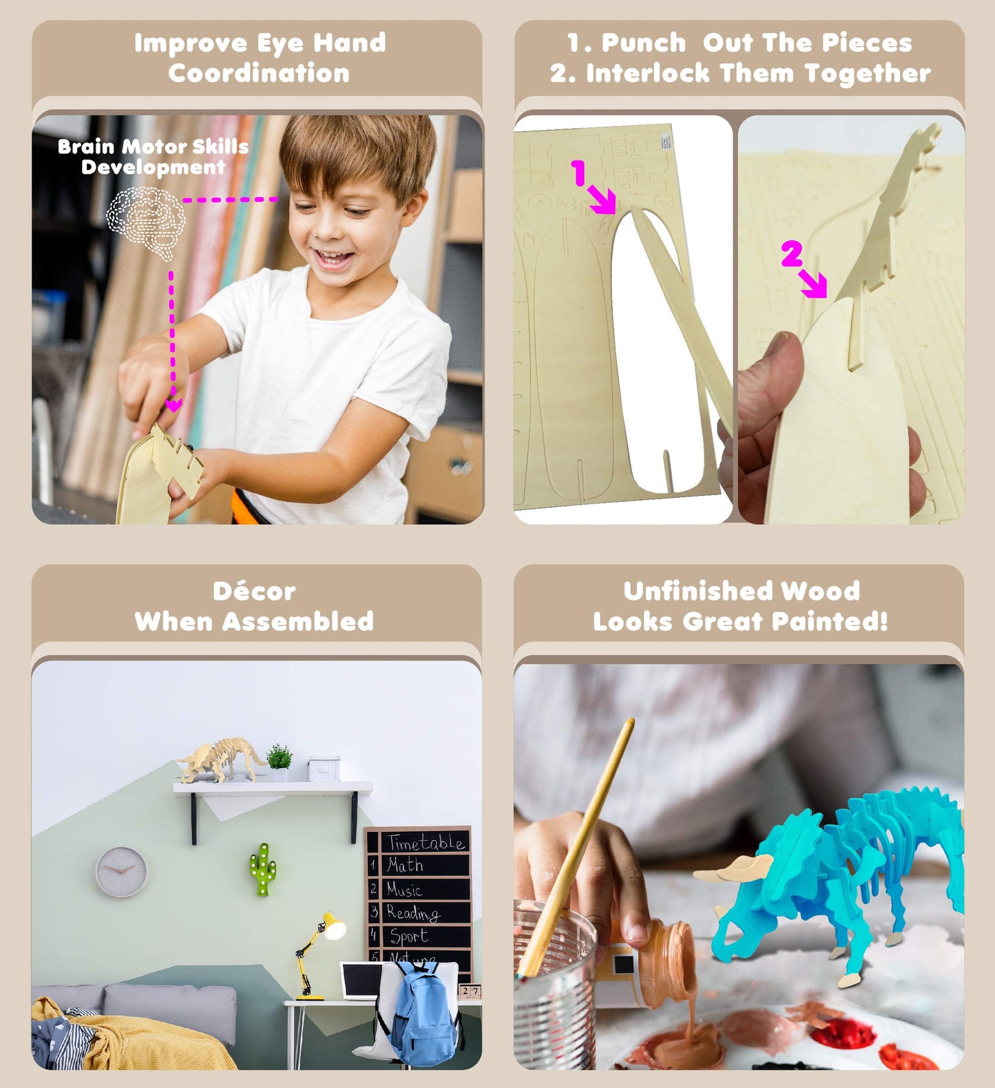 Puzzled 3D Puzzle Triceratops Dinosaur Wood Craft Construction Model Kit Fun & Educational Diy Wooden Toy Assemble Dino Model Unfinished Craft Hobby Puzzle To Build & Paint For Decoration 17Pc Pack
