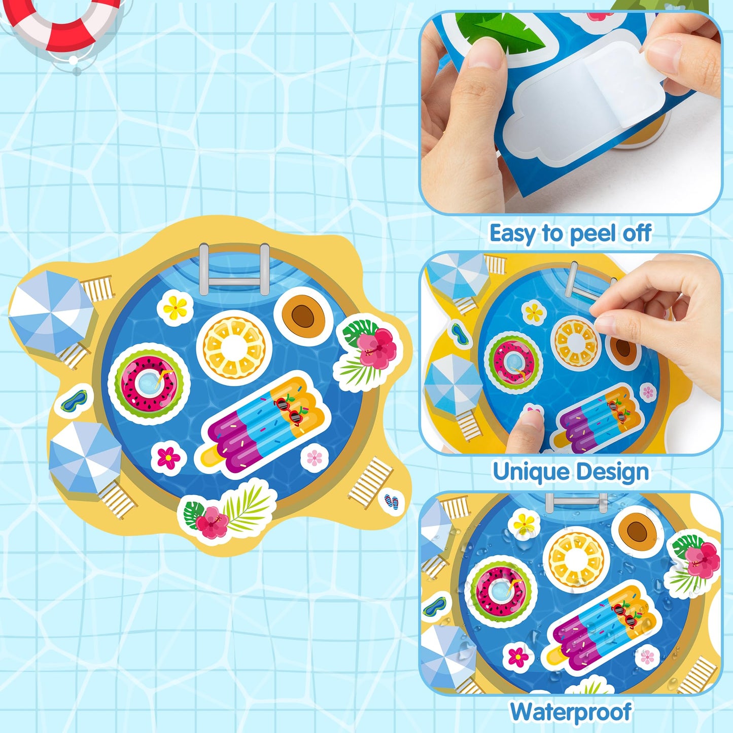 Cy2Side Summer Pool Sticker Scene - 12 Set Make A Pool Scene Art Craft With Swimming Ring For Kids Make Your Own Swimming Sticker Art Craft Diy Summer Party Games Classroom Fun Activities