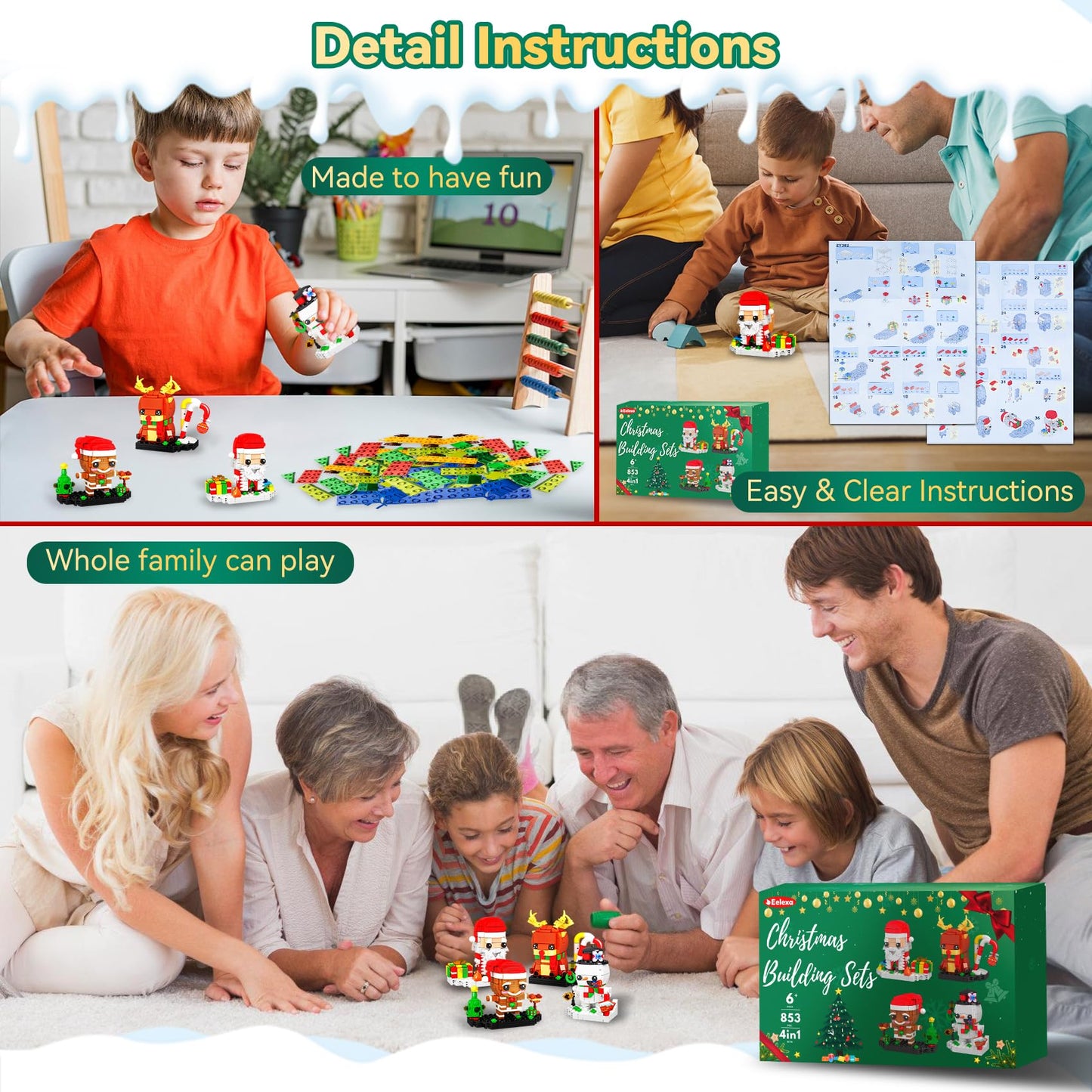 Eelexa Christmas Building Toys Set Includes Santa Claus, Snowman, Reindeer, Gingerbread, Christmas Building Blocks For Kids, Boy