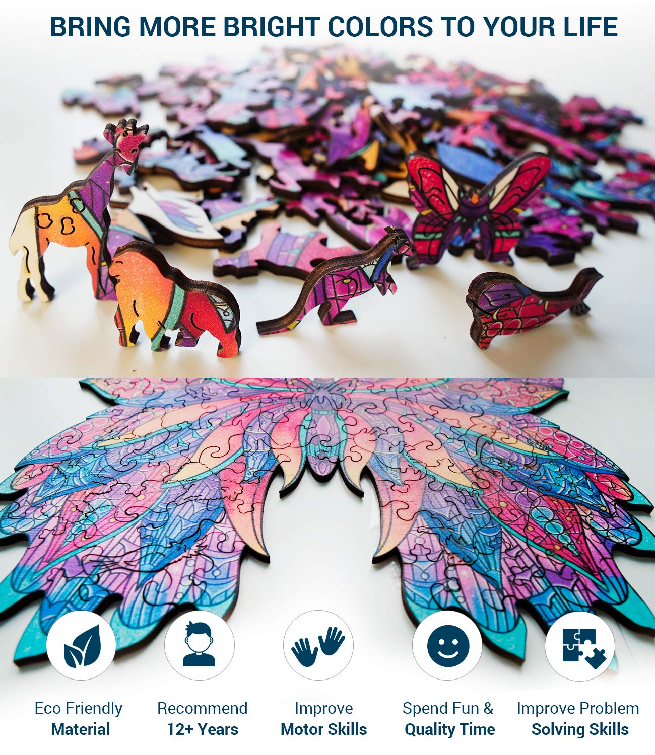 Hodslen Woods - Animal Wooden Jigsaw Puzzles for Kids (12+ Years) mature-themed Teens Family; Majestic Animal Shaped Natural Wood Puzzle Medium Level 15x15 in. (38x38 cm) 180 pcs XL - Size - Butterfly