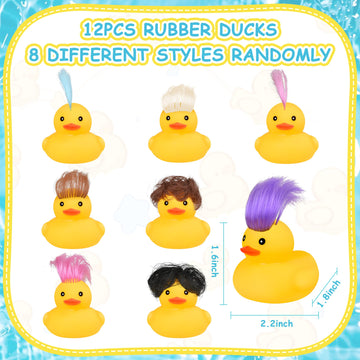 Rubber Ducks Bath Toys with Wig, 12 PCS Cute and Funny Small Rubber Ducks Bathtub Toys Shower Toys for Birthday Gifts Summer Poo