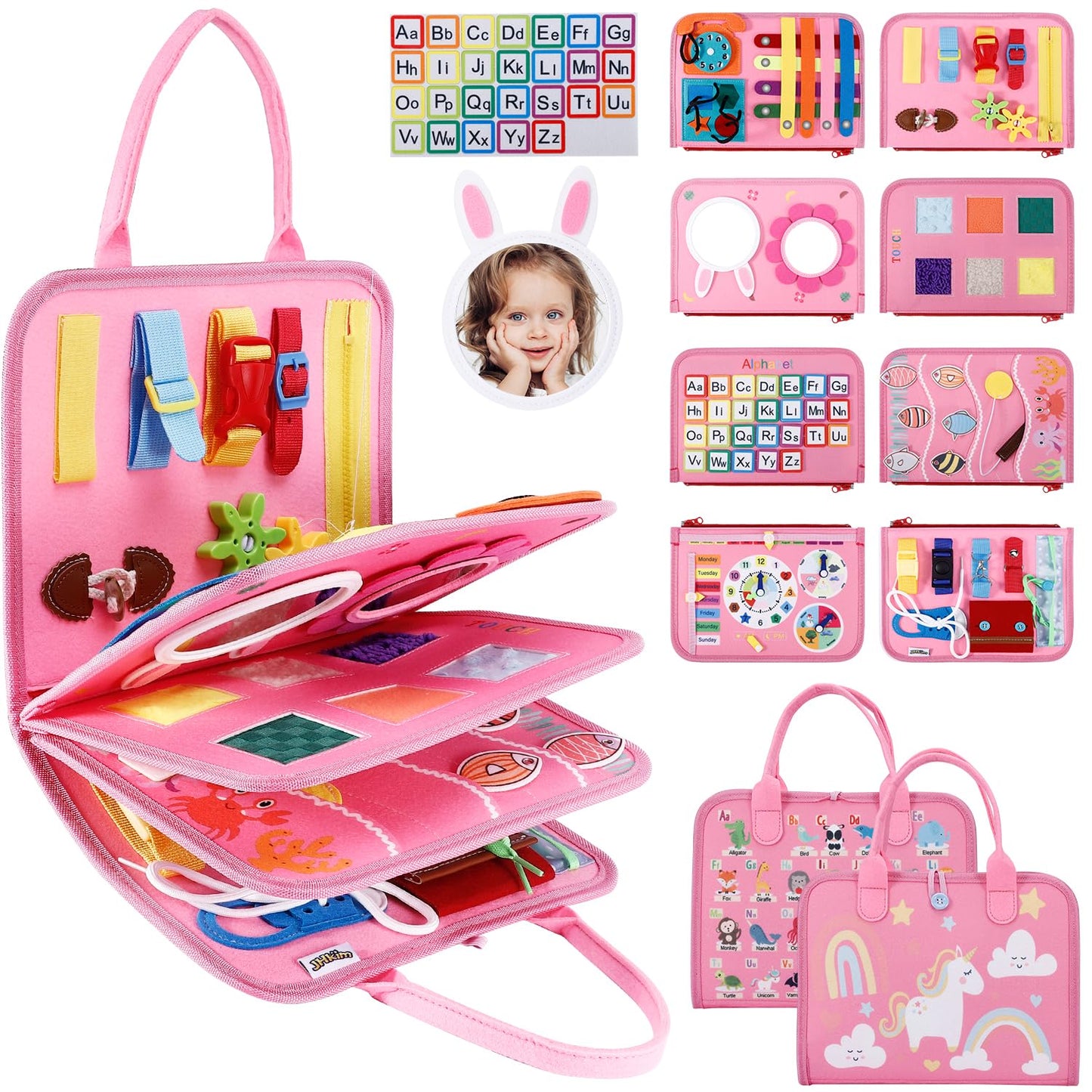Jhkim Busy Board For Toddlers 1-4, Sensory Board Travel Toys Gifts For 1 2 3 4 Year Old Girls Boys, Montessori Toys To Learn Fine Motor Skills, Educational Activities Busy Book For Airplane Car (Pink)