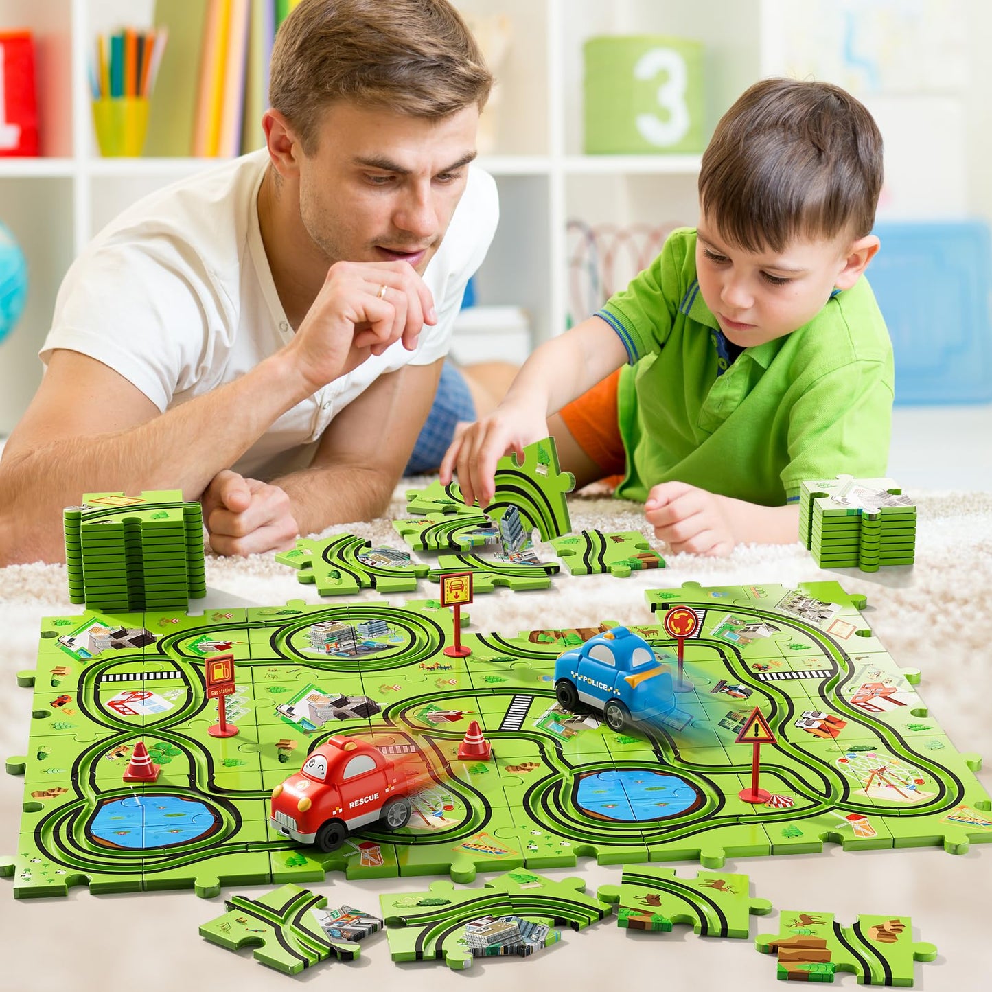 Bennol Jigsaw Puzzle Race Track Car Set for Toddlers, 56 Pieces, Plastic, Model YH005A-B4, Gifts for Boys Ages 2-5, Color 005