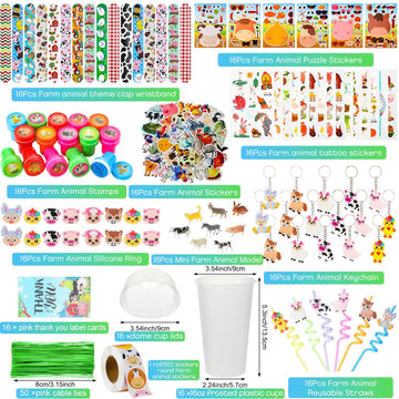Poen 212 Pcs Farm Animal Party Favors Set Include Cup Straw Stamp Clap Bracelet Keychain Ring Puzzle Sticker Animal Miniature Ca