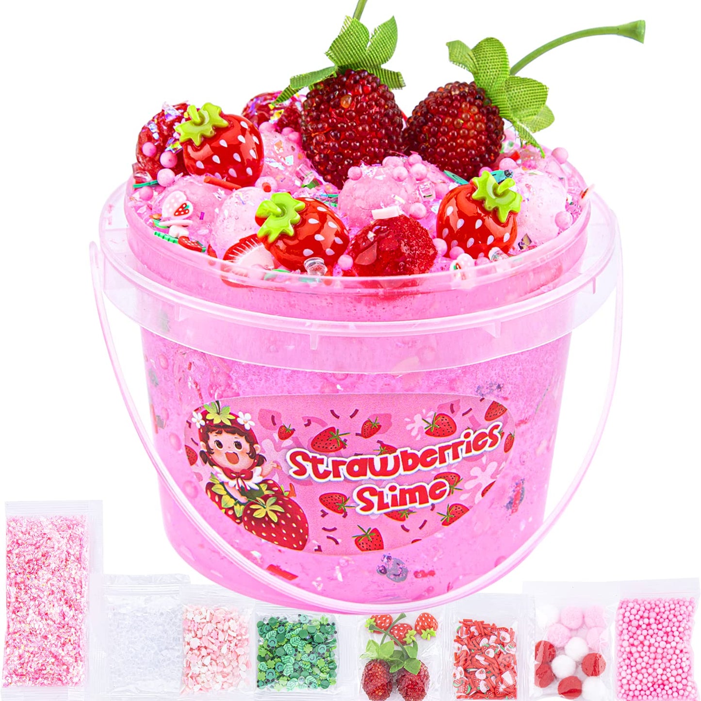 Crystal Slime, Pink Strawberry Jelly Cube Glimmer Crunchy Clear Slime With 8 Add-Ins, Idea Stress Relief Toy, Kids Party Favor, Birthday Easter Christmas New Year Gift For Girls & Boys Age 6 7 8 9 10+