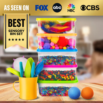 LOLO TOYS Sensory Kit for Toddlers and Kids - Includes 5 Bins with Lids, Play Tools, Sand, Feathers, Clay, Color Beads and Pom P