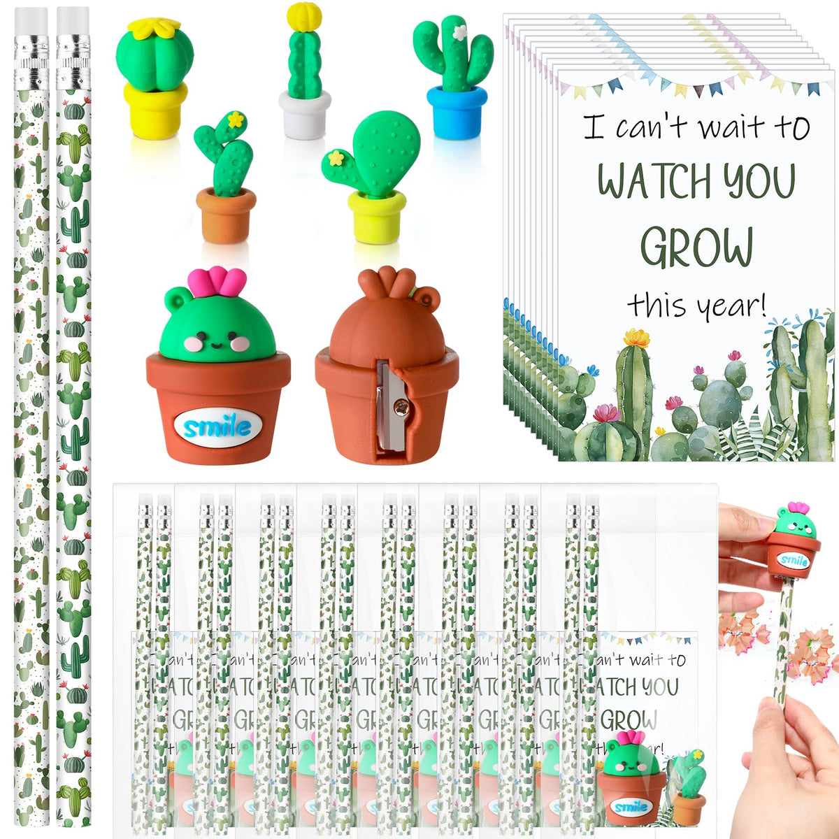 Fuyoooo 50 Sets Cactus Back To School Gifts For Student With Cactus Pencil Potted Eraser Potted Pencil Sharpener Card Bags First
