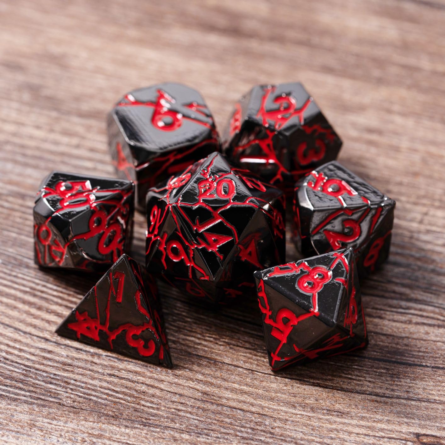 DND Metal Dice - Dark Abyss Metal Dice with Red Cracks - Polyhedral Dice Set for RPG D&D Dice with Cracks - Beautifully Detailed