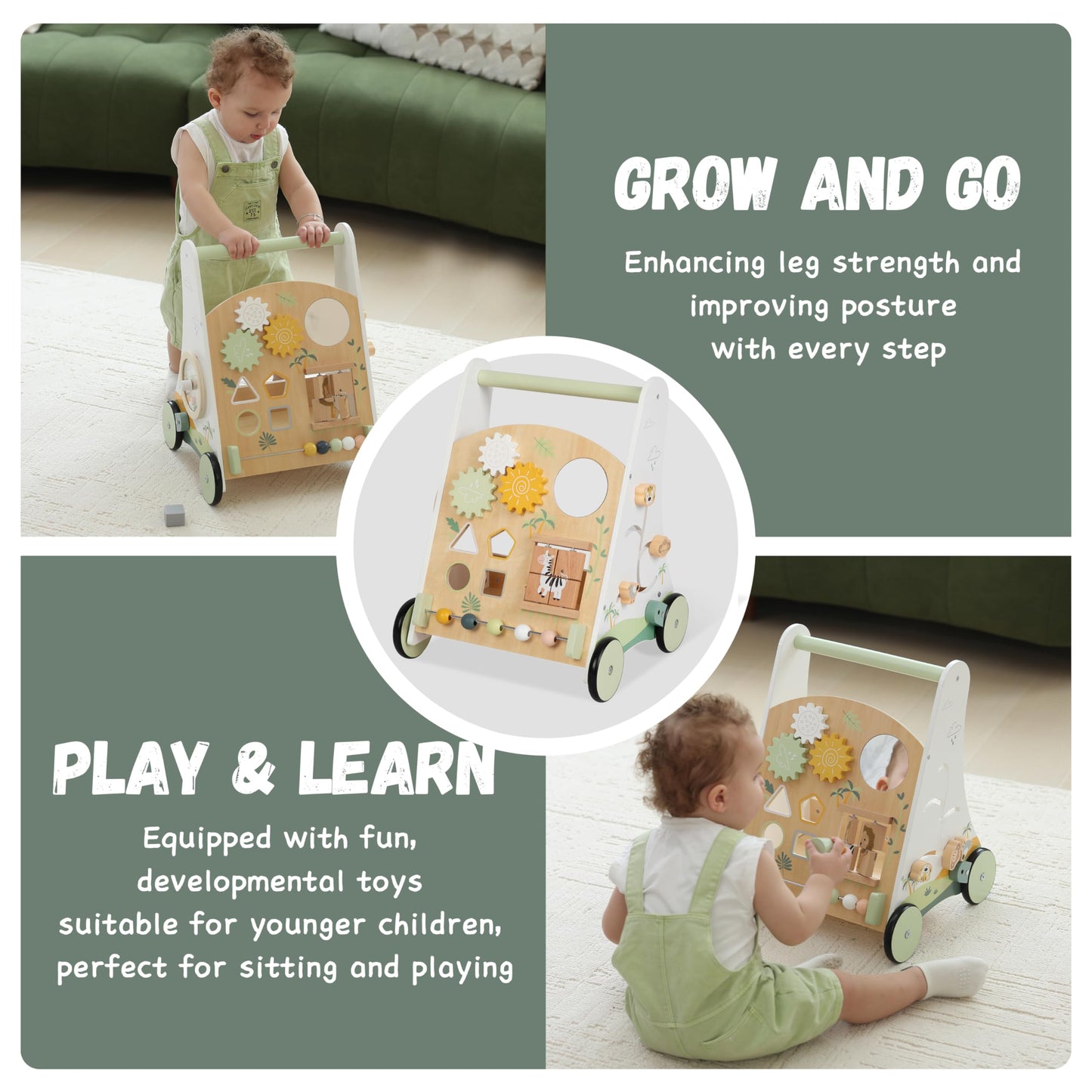 Wooden Baby Push Walker Adjustable Speed Montessori Walker With Activity Center For Boys, Girls And Toddler Toy For Ages 1-3