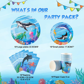 Wernnsai Ocean Party Tableware Set - 64 Pcs Under The Sea Party Supplies Sea Animal Theme Party Plates Napkins Cups Dinnerware Birthday Baby Shower Party Decorations Underwater Party For 16 Guests