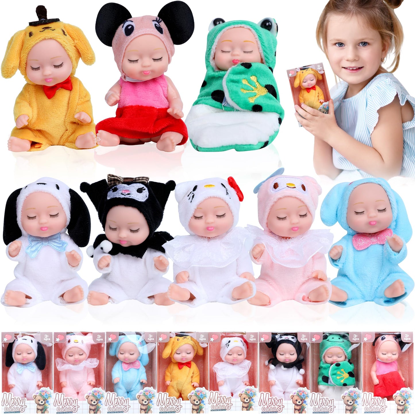 Zimtxo 8 Pcs Mini Baby Dolls - 4.5 Inch Cute Realistic Toy Dolls Set With Handmade Animal Clothing Baby Doll Giftbox Gifts For G