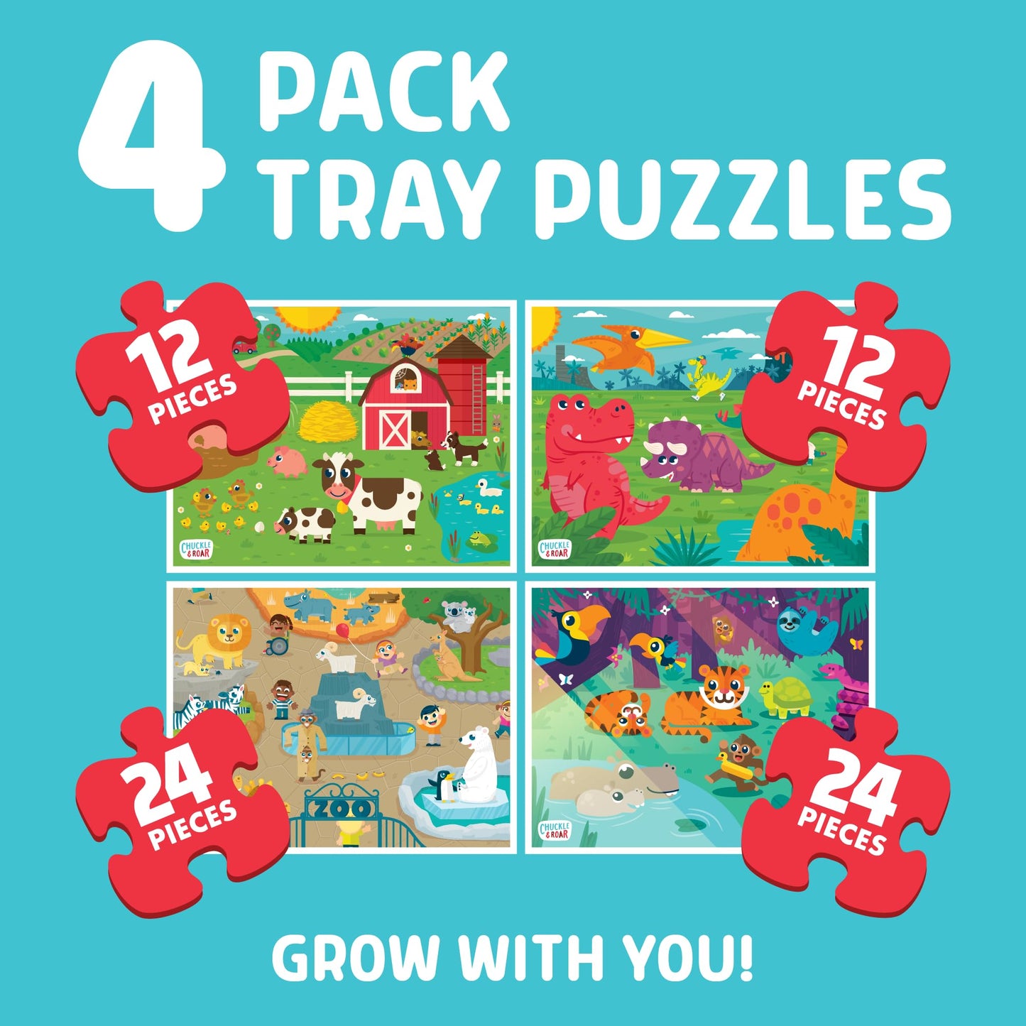 Chuckle & Roar - 4 Pack Tray Puzzles - Farm, Dinosaurs, Jungle, And Zoo - Larger Pieces Designed For Preschool Hands - 12 & 24 Pc Tray Puzzles