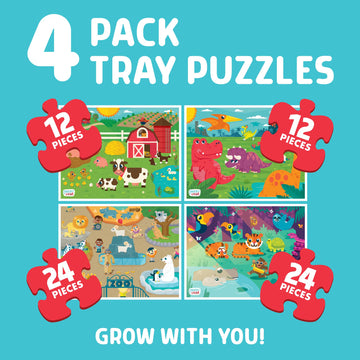 Chuckle & Roar - 4 Pack Tray Puzzles - Farm, Dinosaurs, Jungle, And Zoo - Larger Pieces Designed For Preschool Hands - 12 & 24 Pc Tray Puzzles