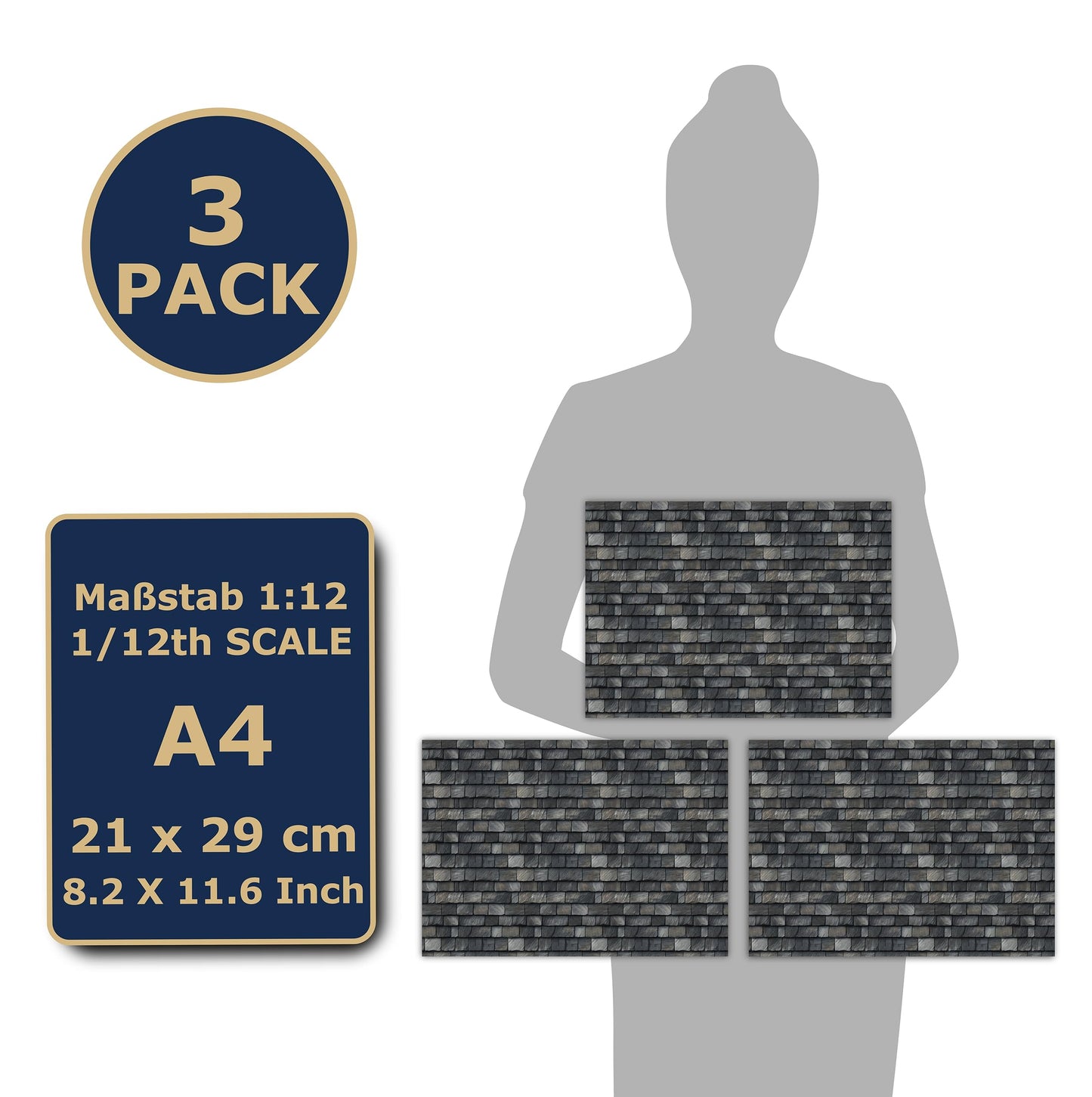 TexturKontor 3 Sheets Self-Adhesive Roof Tiles - Slate Shingles for Dollhouses 1:12 Scale, Large Size